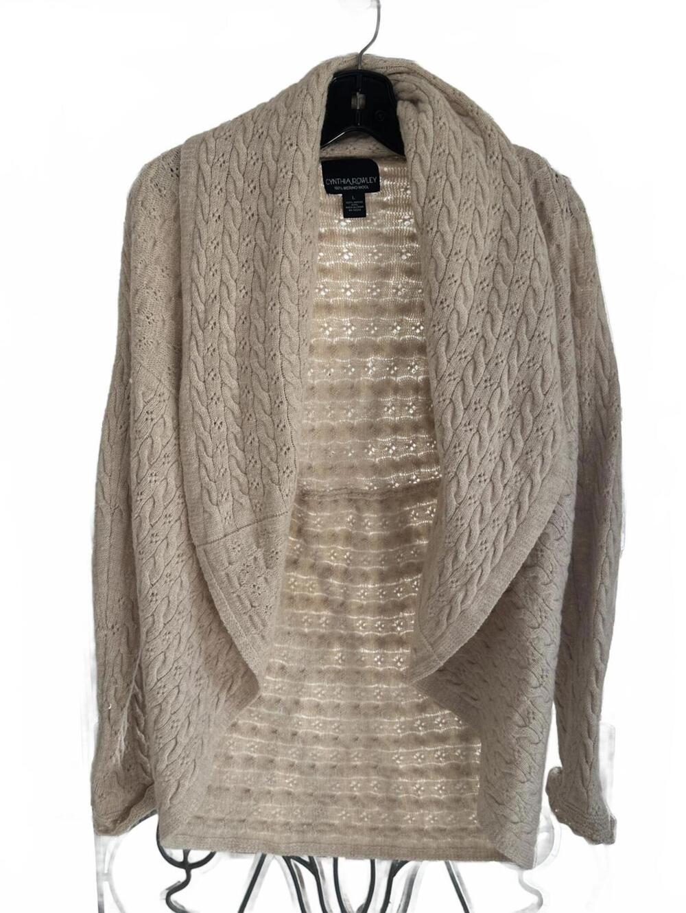 Cynthia Rowley Women's Beige 100% Merino Wool Cable Knit Cardigan - Size L